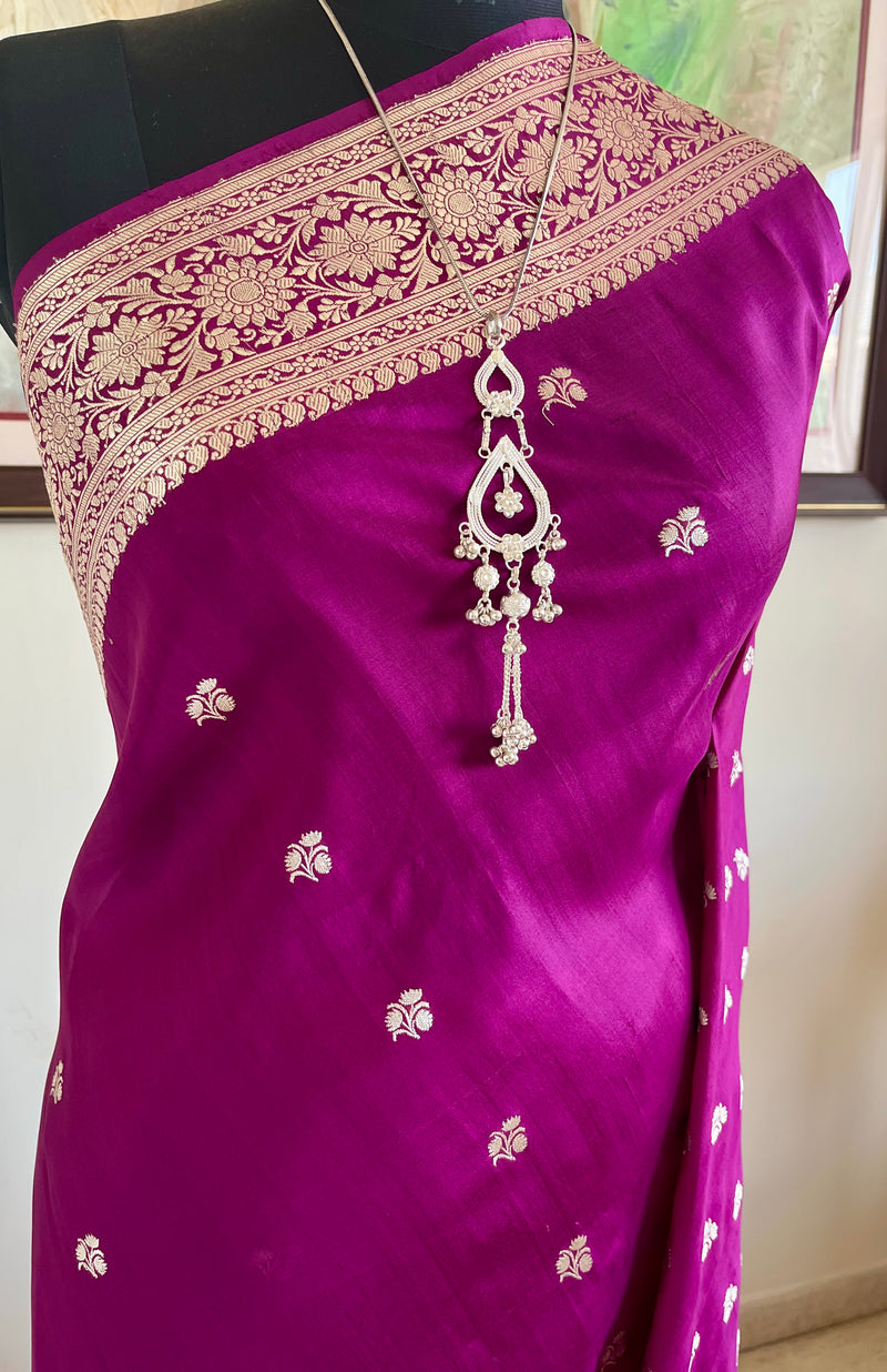 TISYA- ROYAL PURPLE BANARASI WITH SILVER ZARI FLORAL WEAVES