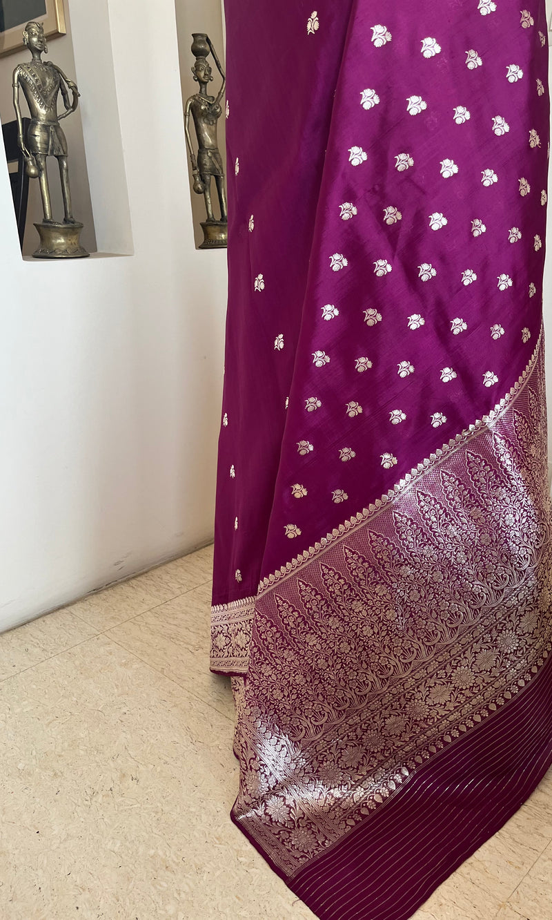 TISYA- ROYAL PURPLE BANARASI WITH SILVER ZARI FLORAL WEAVES