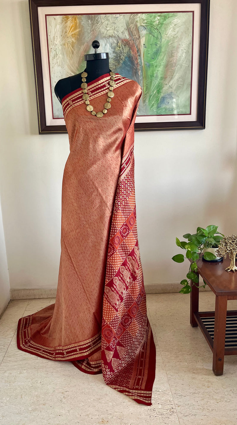 TAPASI – PEACH SAMBALPURI HANDLOOM SILK WITH MAROON BOMKAI AANCHAL