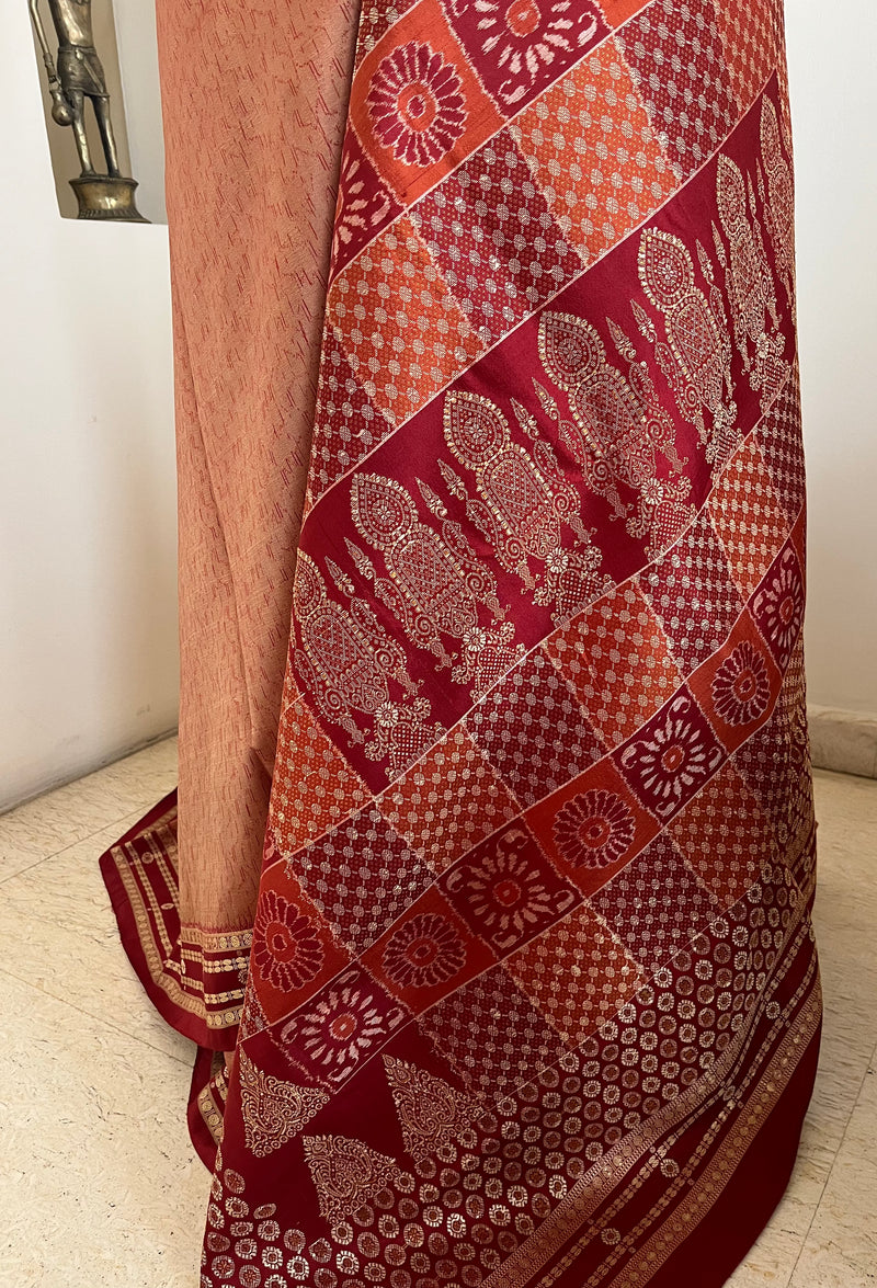TAPASI – PEACH SAMBALPURI HANDLOOM SILK WITH MAROON BOMKAI AANCHAL