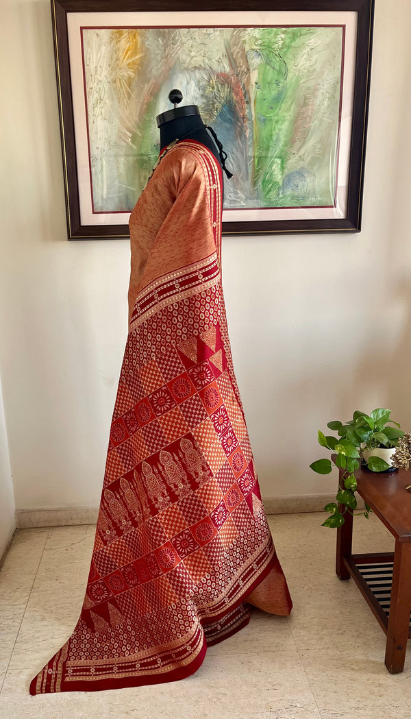 TAPASI – PEACH SAMBALPURI HANDLOOM SILK WITH MAROON BOMKAI AANCHAL