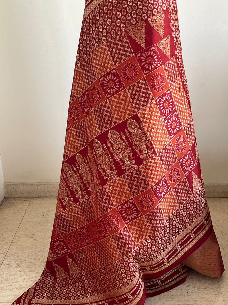 TAPASI – PEACH SAMBALPURI HANDLOOM SILK WITH MAROON BOMKAI AANCHAL