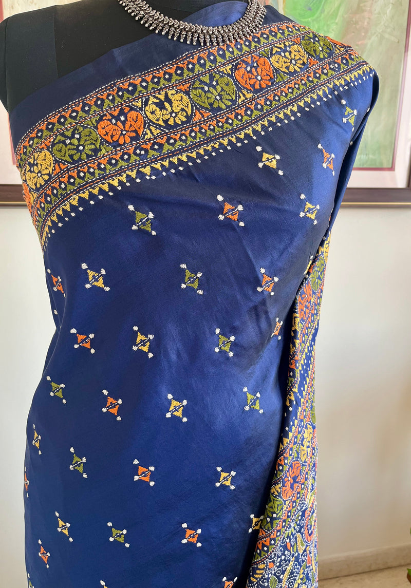 BOISHAKHI – NAVY BLUE KANTHA SILK WITH INTRICATE NAKSHI AANCHAL