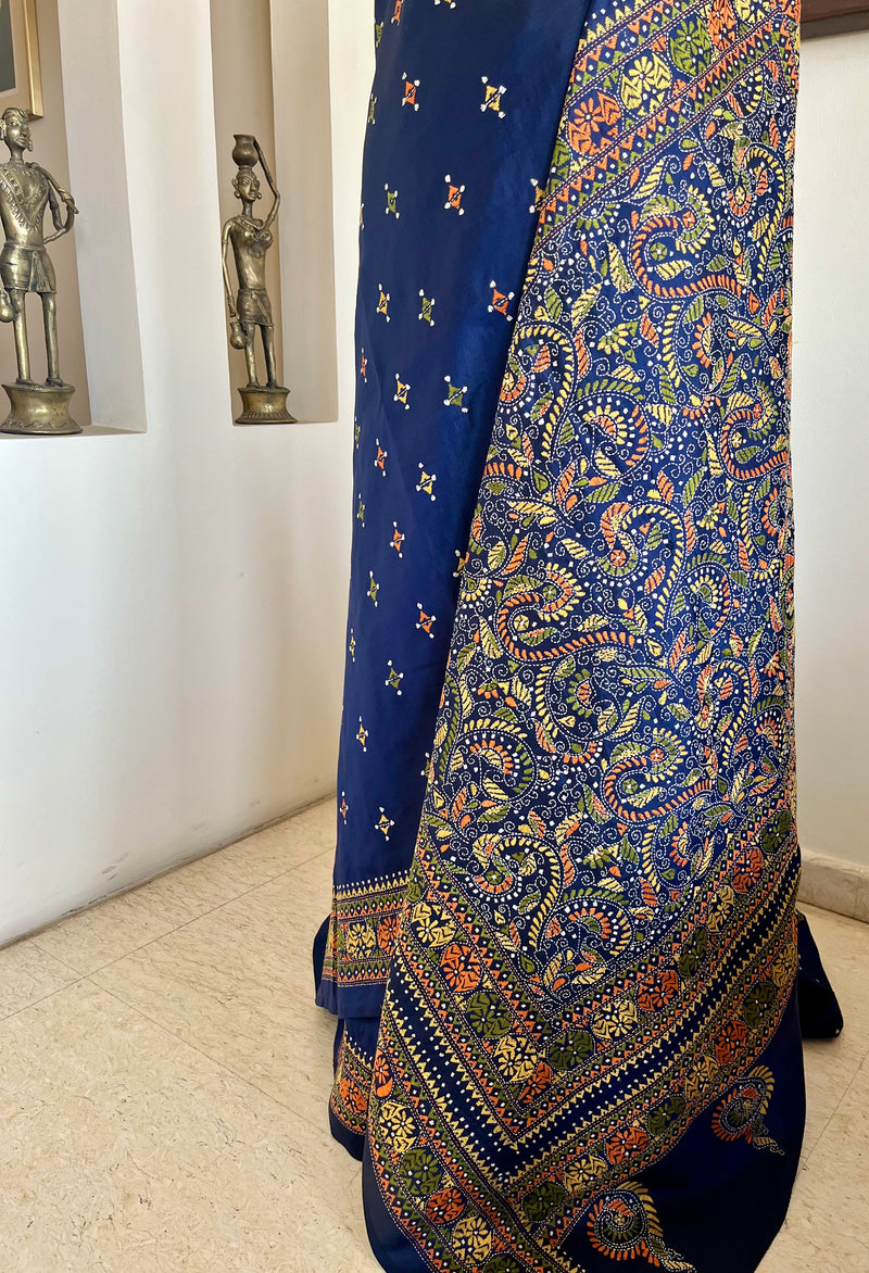 BOISHAKHI – NAVY BLUE KANTHA SILK WITH INTRICATE NAKSHI AANCHAL