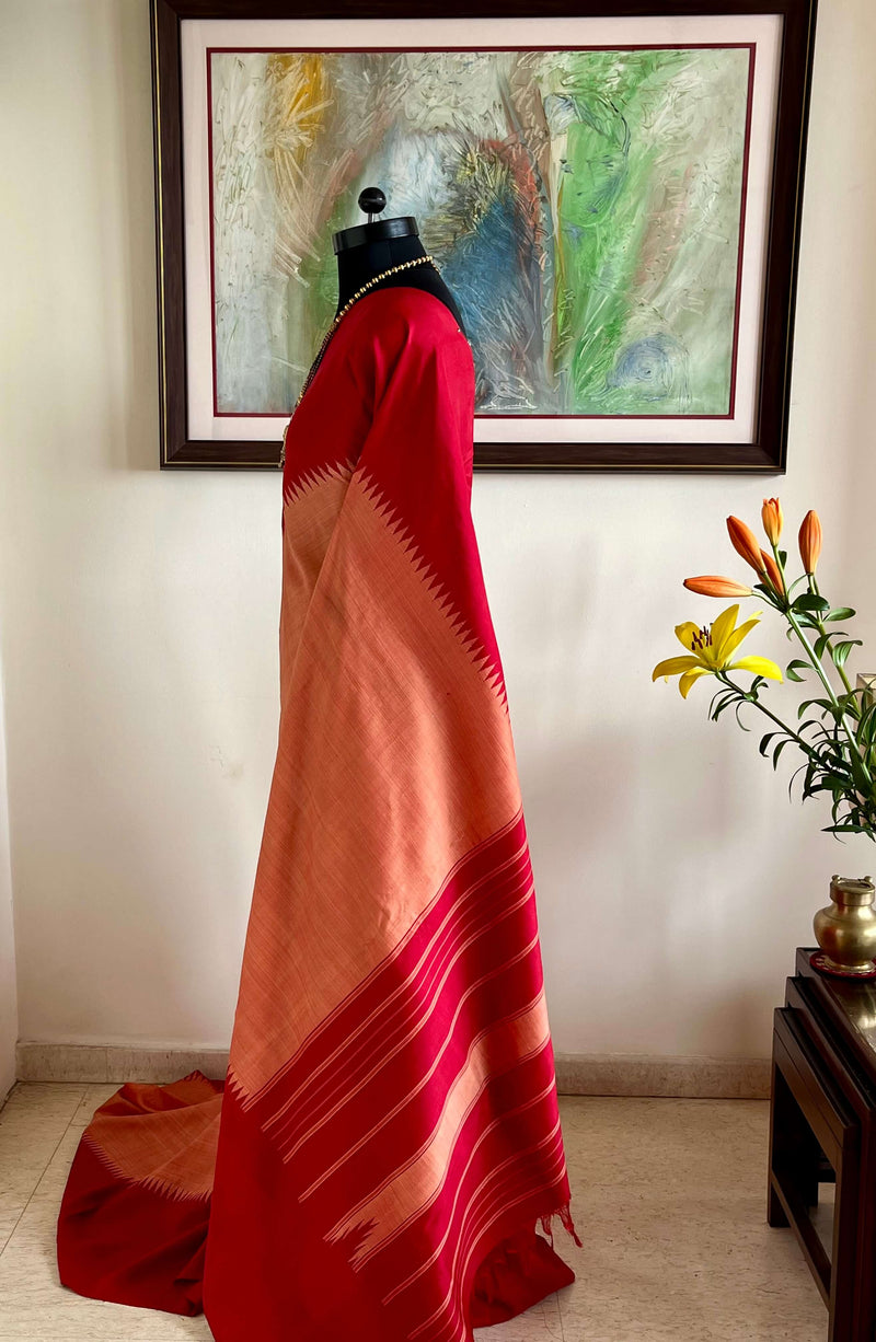 KESHINI – PEACH & RED KANJIVARAM WITH TEMPLE BORDERS