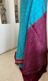 ISHI – BLUE POCHAMPALLY WITH MAROON TEMPLE AND DIAMOND MOTIFS