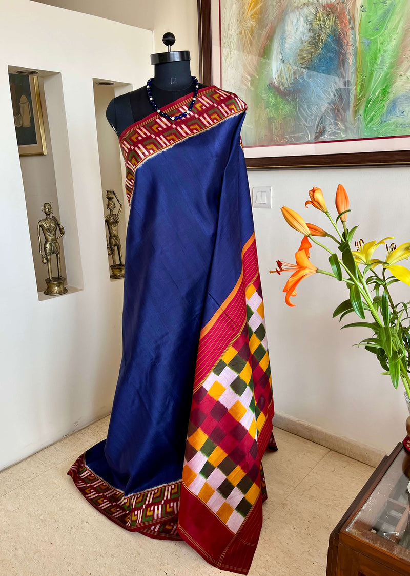 KAAMITA- NAVY BLUE POCHAMPALLY WITH MULTI-HUED CHECKBOARD AANCHAL