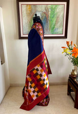 KAAMITA- NAVY BLUE POCHAMPALLY WITH MULTI-HUED CHECKBOARD AANCHAL