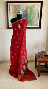 PIYA – RED MUSLIN JAMDANI WITH WOVEN HOUSE MOTIFS