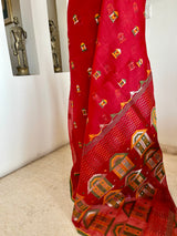 PIYA – RED MUSLIN JAMDANI WITH WOVEN HOUSE MOTIFS