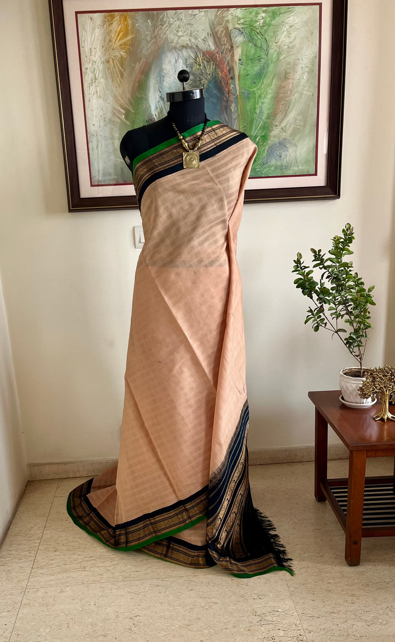 AHIRI - PEACH GADWAL COTTON SAREE WITH BLACK AND GOLD ZARI