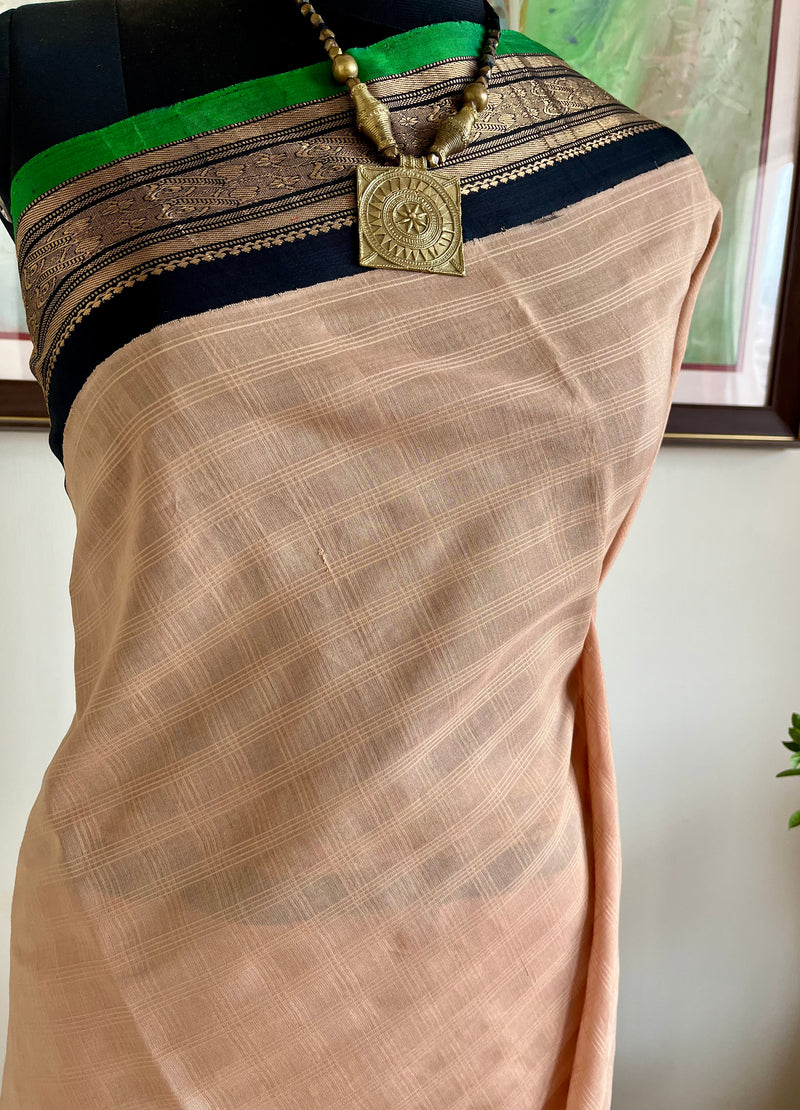 AHIRI - PEACH GADWAL COTTON SAREE WITH BLACK AND GOLD ZARI