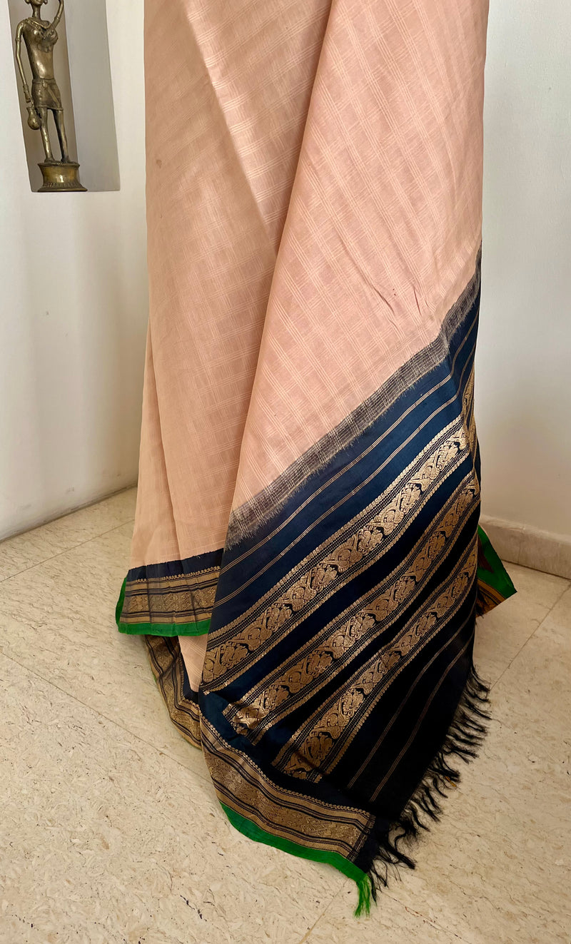 AHIRI - PEACH GADWAL COTTON SAREE WITH BLACK AND GOLD ZARI