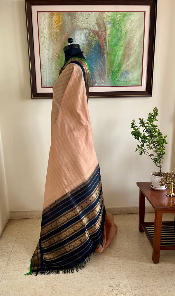 AHIRI - PEACH GADWAL COTTON SAREE WITH BLACK AND GOLD ZARI