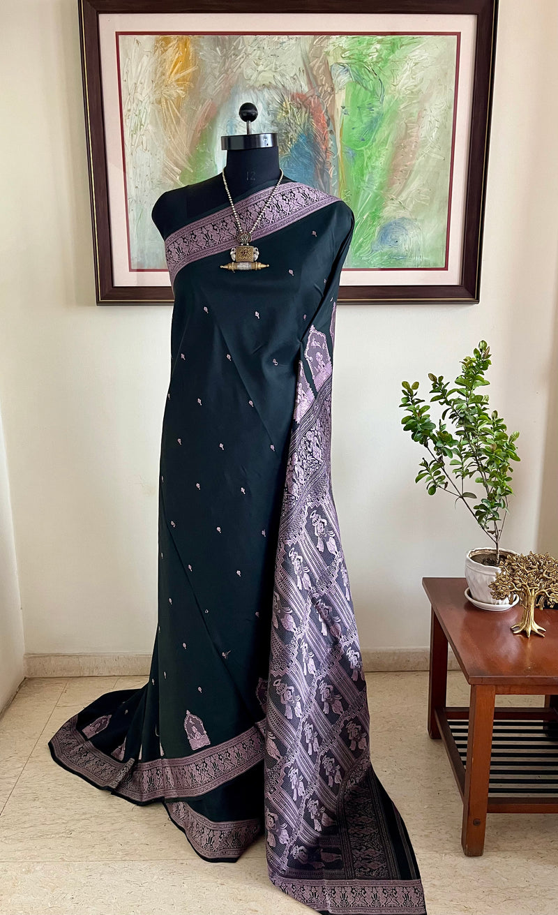 TUHINA - BLACK BALUCHARI SILK SAREE WITH MAUVE WEAVES