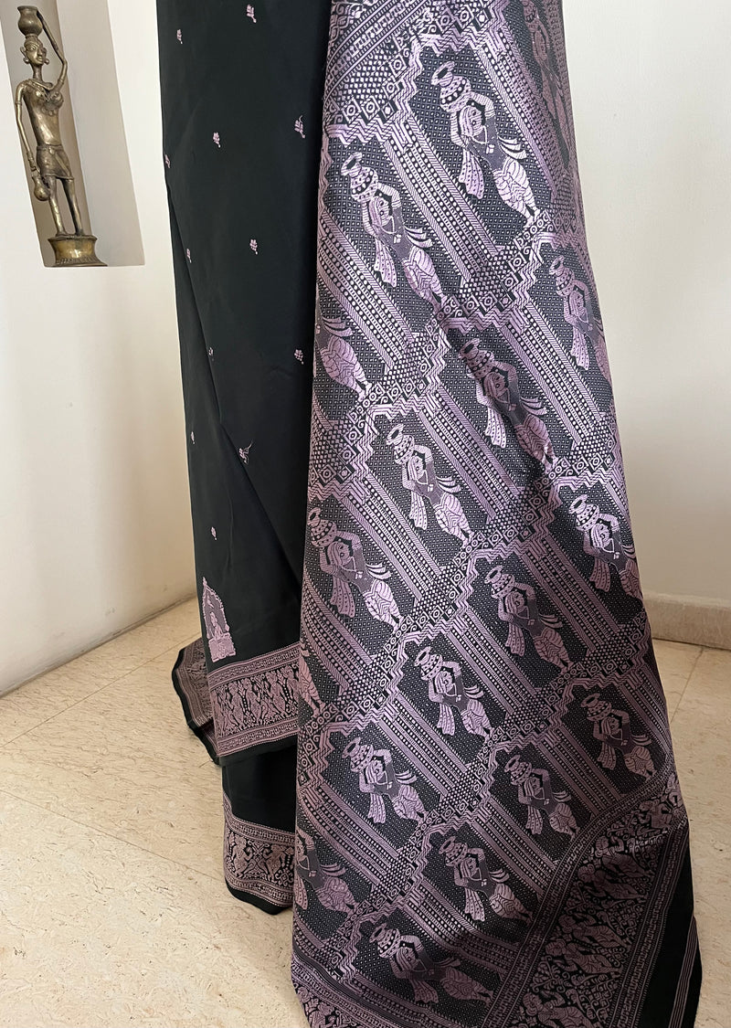 TUHINA - BLACK BALUCHARI SILK SAREE WITH MAUVE WEAVES