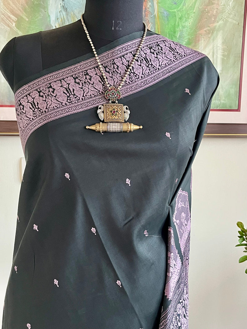 TUHINA - BLACK BALUCHARI SILK SAREE WITH MAUVE WEAVES