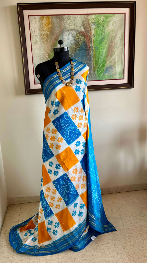 IKSHITA- POCHAMPALLY SILK WITH IKKAT SQUARES AND ZARI RUDRAKSHA BORDER