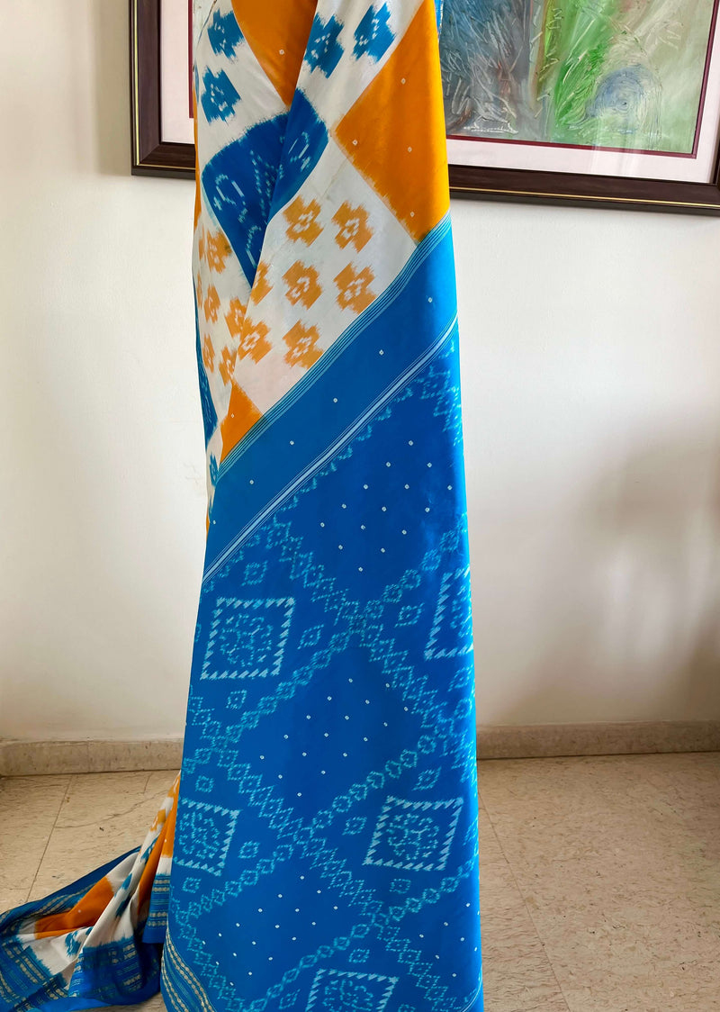 IKSHITA- POCHAMPALLY SILK WITH IKKAT SQUARES AND ZARI RUDRAKSHA BORDER