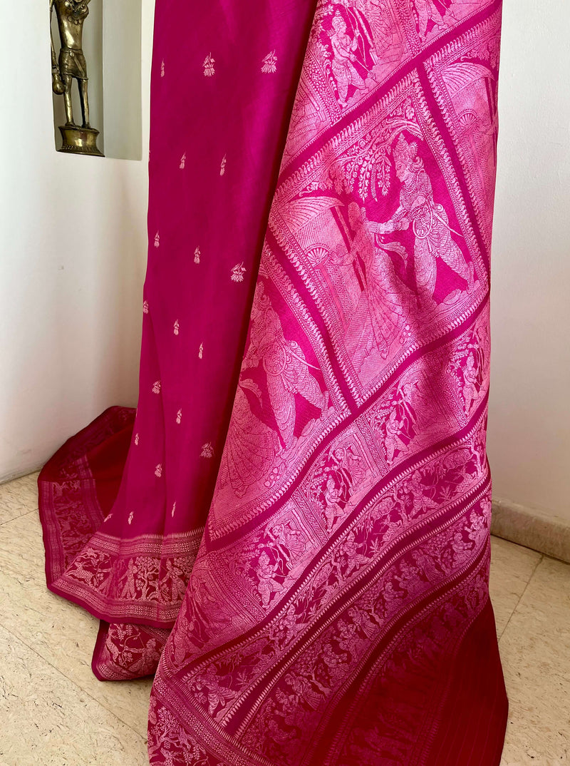 SHRILATA- MAGENTA BALUCHARI SILK WITH SITAHARAN SCENES AND FLORAL MOTIFS