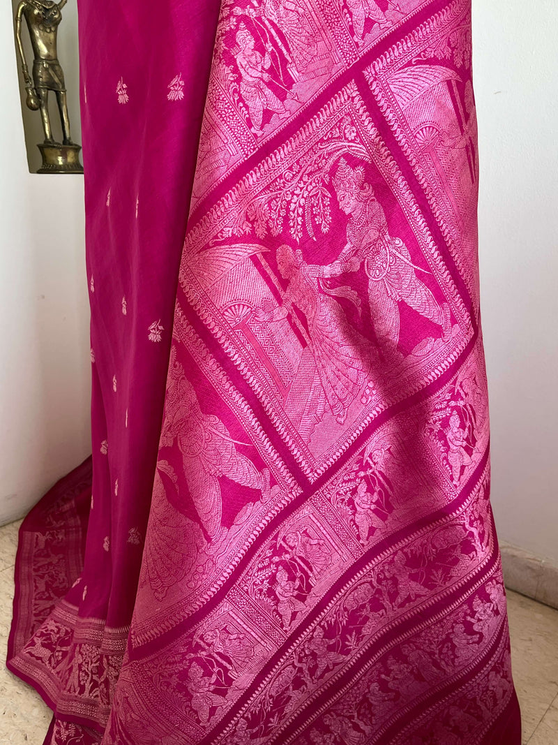 SHRILATA- MAGENTA BALUCHARI SILK WITH SITAHARAN SCENES AND FLORAL MOTIFS