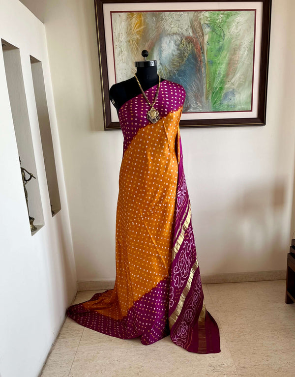 NAONIKA – MUSTARD PURPLE LAGDI PATTA BANDHANI ON GAJJI SILK