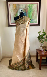 AADHIRA- BEIGE IKKAT SAREE ; FLORAL ELEGANCE, ZARI ACCENTS, TIMELESS ARTISTRY