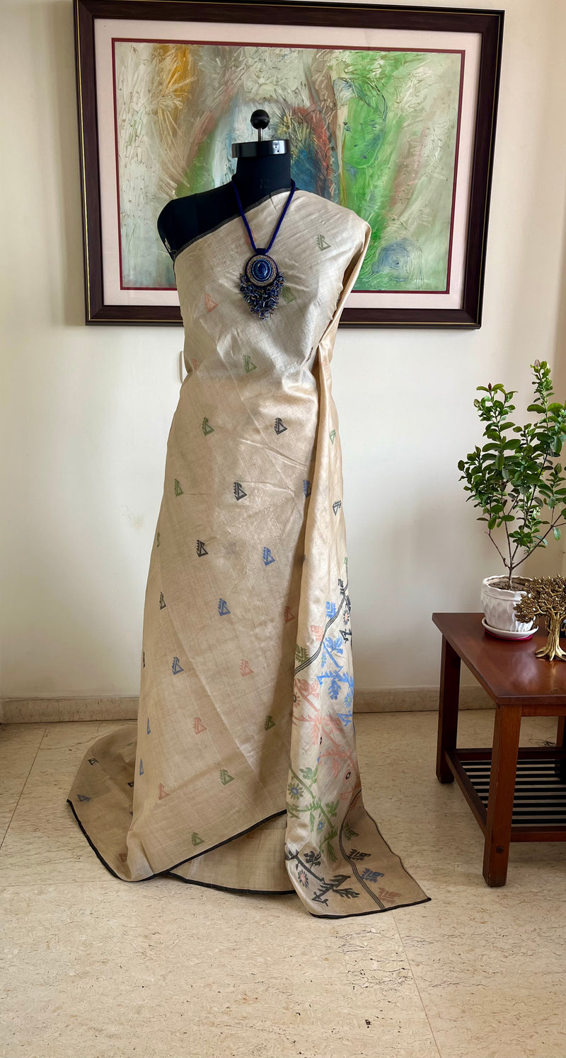 KSHITI- ELEGANT LIGHT BEIGE TUSSAR JAMDANI SARI