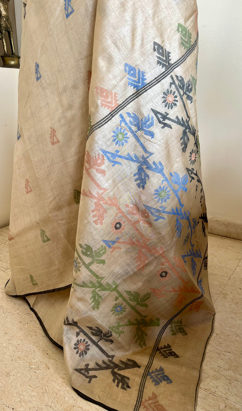 KSHITI- ELEGANT LIGHT BEIGE TUSSAR JAMDANI SARI