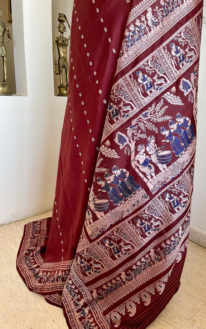 PAROMA – BROWN BALUCHARI WITH DANCING & NATURE-INSPIRED MOTIFS