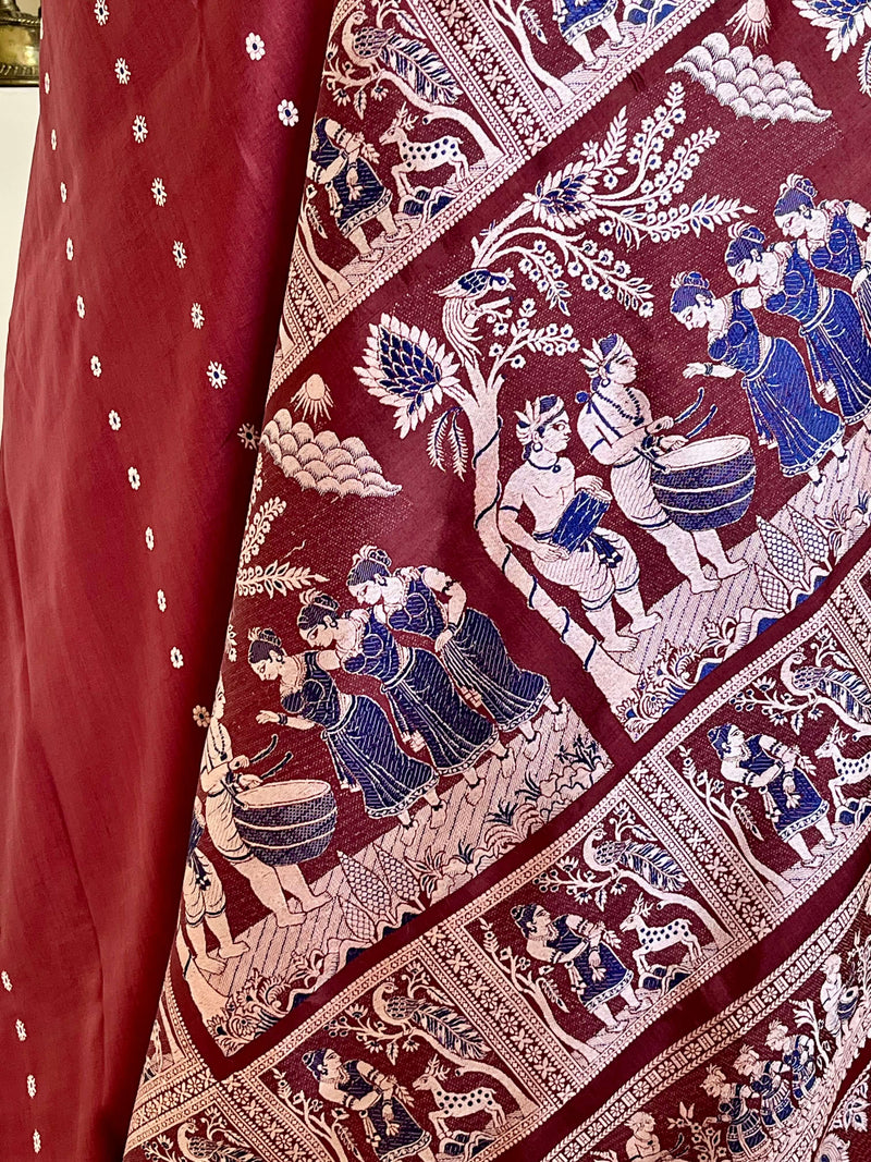 PAROMA – BROWN BALUCHARI WITH DANCING & NATURE-INSPIRED MOTIFS