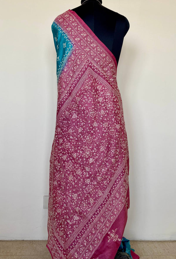 DIPANJANA- SOOTHING BLUE KANTHA SAREE WITH INYTRICATE PINK ACCENTS