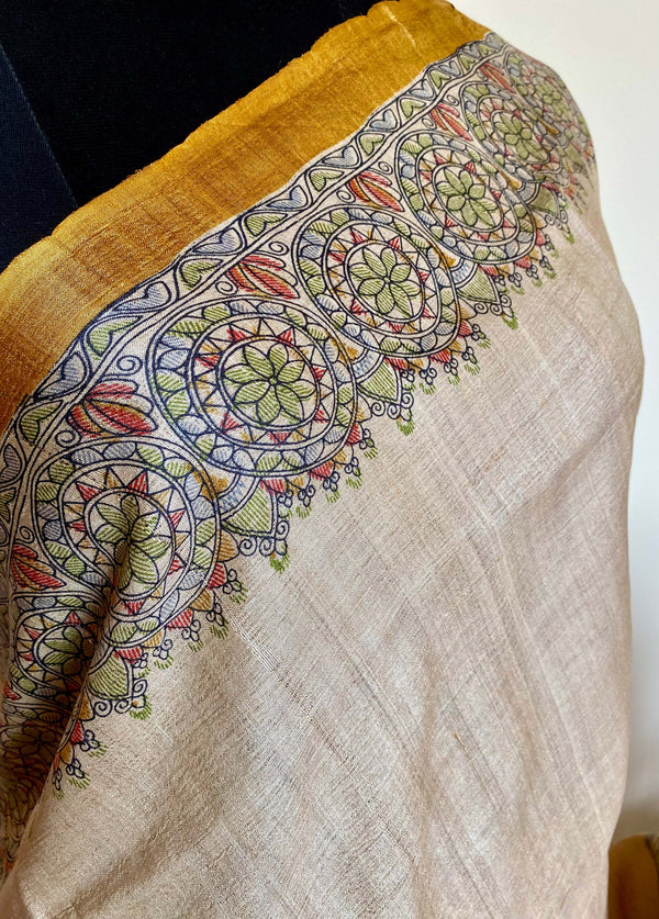 HEMALI- ELEGANT TUSSAR SILK SAREE WITH MADHUBANI BORDER AND AANCHAL