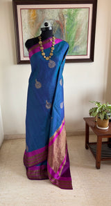 RUHANA — BLUE TUSSAR BANARASI WITH A BOLD MAGENTA CONTRAST