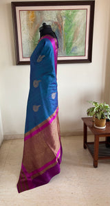 RUHANA — BLUE TUSSAR BANARASI WITH A BOLD MAGENTA CONTRAST