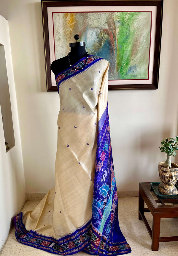 SHWETAPADMA - NEVER WORN WHITE KHANDUA TUSSAR WITH PURPLE IKAT AANCHAL