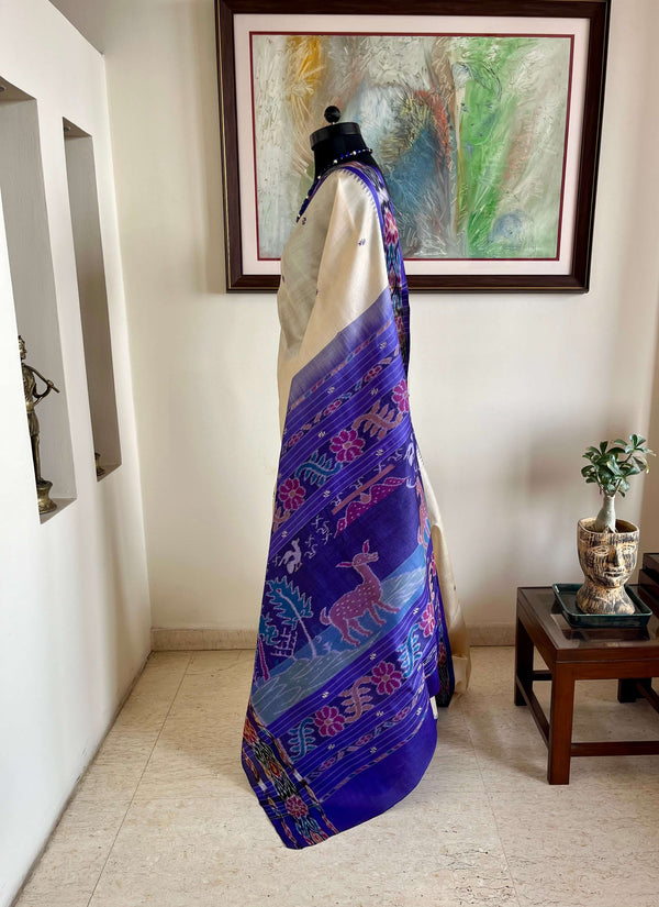 SHWETAPADMA - NEVER WORN WHITE KHANDUA TUSSAR WITH PURPLE IKAT AANCHAL