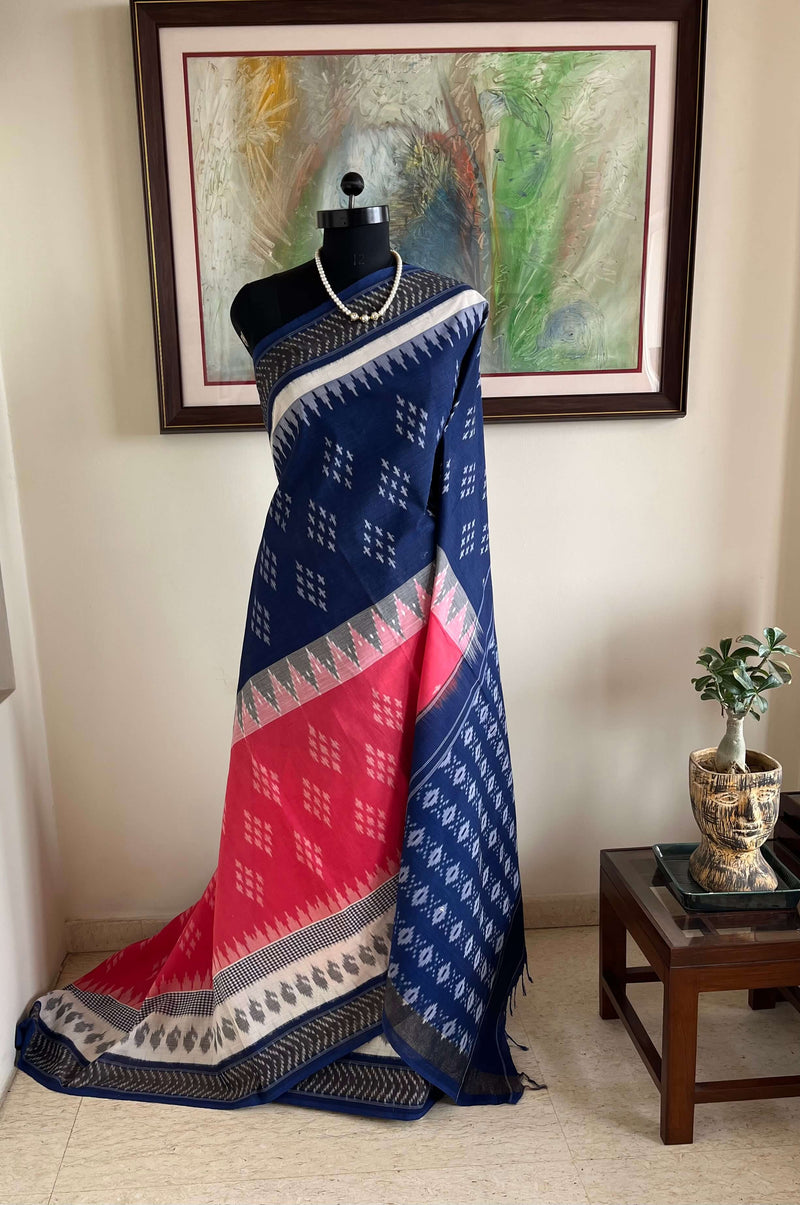 HETASHREE- HORIZONTAL DUAL-TONE PATOLA COTTON WITH DIAMOND IKKAT MOTIFS