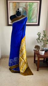 SHAILEENA- ROYAL BLUE MULBERRY SILK IKKAT WITH ELEPHANTS