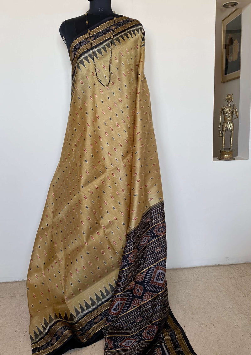 DEVINA- ELEGANT KHANDUA SILK SAREE WITH IKAT AND TEMPLE MOTIFS