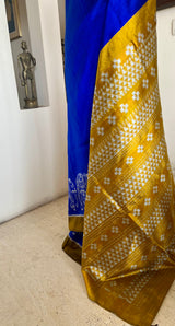 SHAILEENA- ROYAL BLUE MULBERRY SILK IKKAT WITH ELEPHANTS