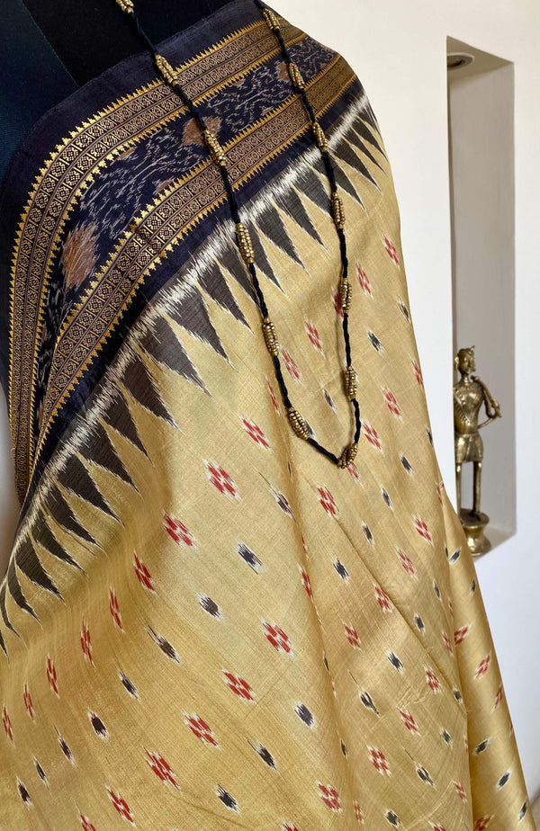 DEVINA- ELEGANT KHANDUA SILK SAREE WITH IKAT AND TEMPLE MOTIFS