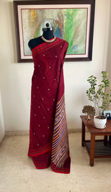 VRUSHIKA- MAROON DONGRIA COTTON WITH STRIKING CONTRAST WOVEN AANCHAL