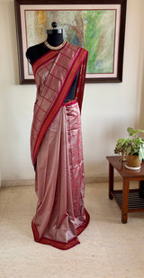 RUMITA — A DELICATE PEACHISH MAUVE PATLI KANJIVARAM WITH MAROON FLORALS