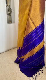 KAVINDHI – MUSTARD GOLD KANJIVARAM WITH PURPLE TEMPLE MOTIFS