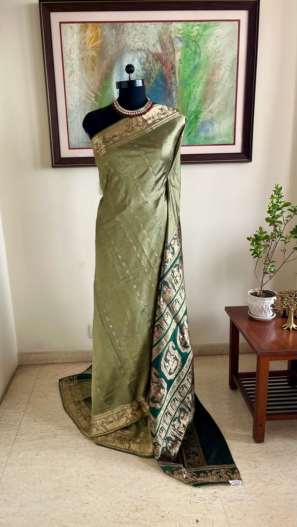 SHAONI — MEHENDI GREEN SWARNACHARI WOVEN WITH TALES OF DIVINITY