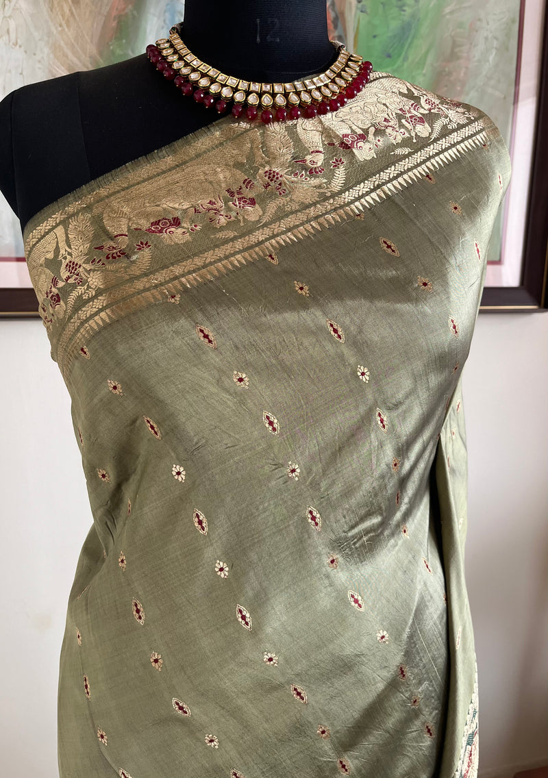 SHAONI — MEHENDI GREEN SWARNACHARI WOVEN WITH TALES OF DIVINITY
