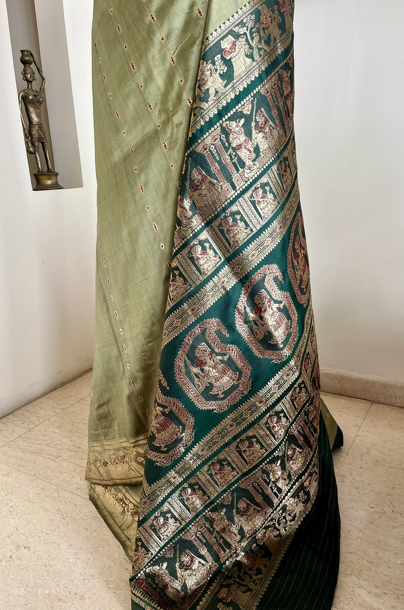 SHAONI — MEHENDI GREEN SWARNACHARI WOVEN WITH TALES OF DIVINITY