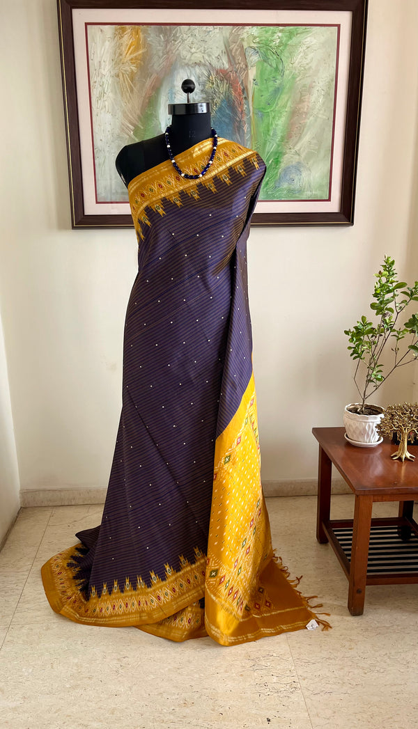 PRADIPTAA – PURPLISH BLUE POCHAMPALLY SILK WITH MUSTARD AANCHAL