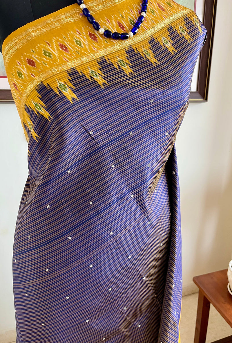 PRADIPTAA – PURPLISH BLUE POCHAMPALLY SILK WITH MUSTARD AANCHAL